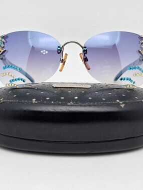 Jimmy Crystal GL478 Silver Palm Tree Swarovski Frame Blue Mirror Lens Sunglasses